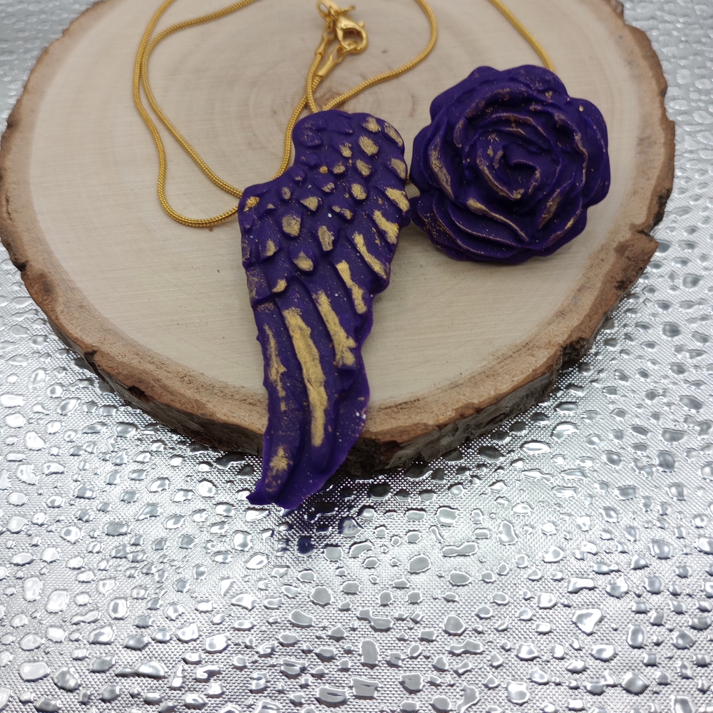 Purple and Gold Wing and Rose Pendant Necklace